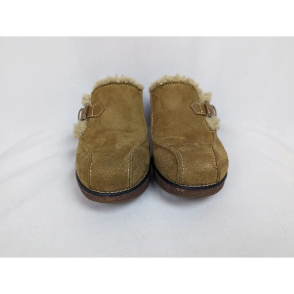 Vintage Y2K 90s Lower East Side 11 Tan Suede Wedge Mule Clog Sherpa Trim Chunky - Picture 4 of 11